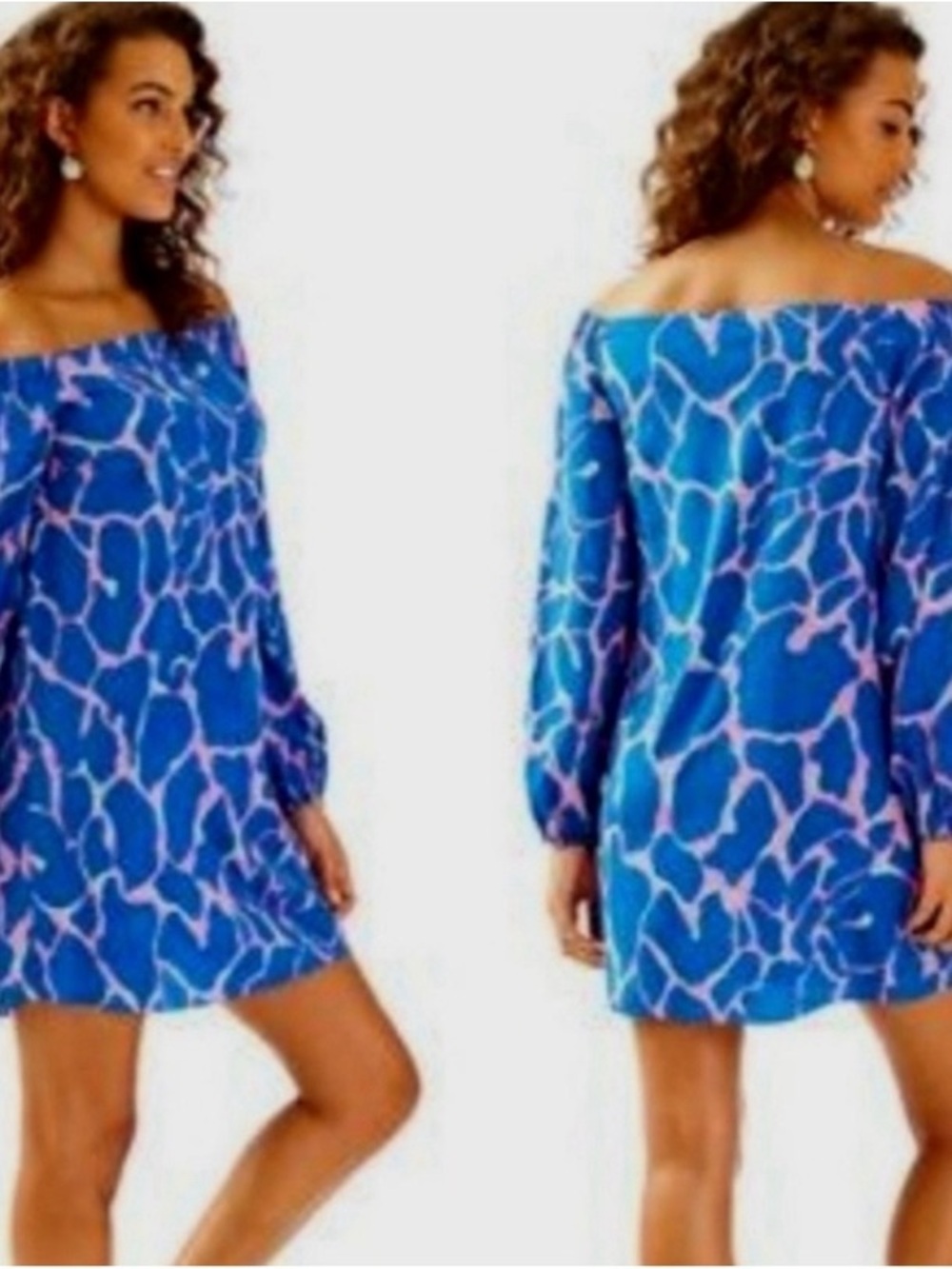 Lilly Pulitzer women’s L Off-Shoulder Blue & Pink Printed Shift Dress